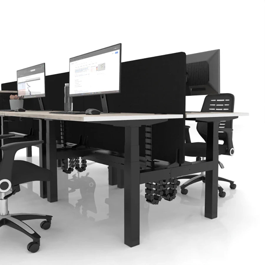 Air Back to Back Height Adjustable Desks Optional Cable Spine & Screen. Optional Black or Charcoal 800mm high screens along with an optional auto adjusting spine for further cable management.