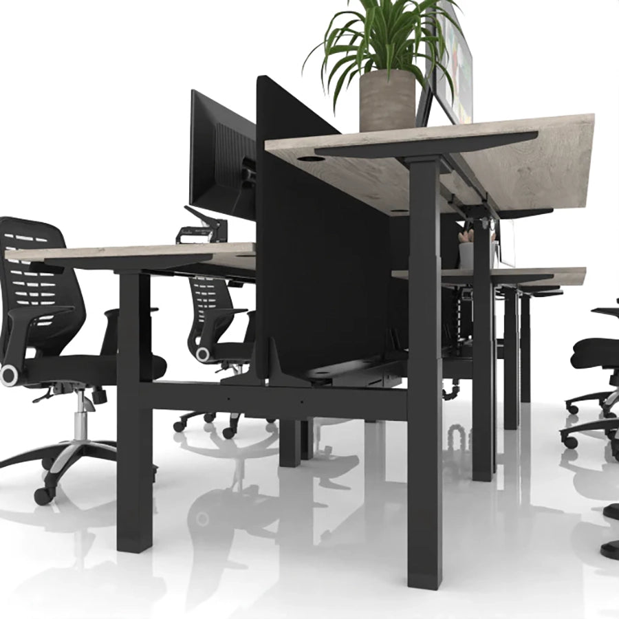 Air Back to Back Height Adjustable Desks Tri-Telescopic Leg Frame. Tri-telescopic legs provide more stability when fully extended and a greater height range to accommodate all users.