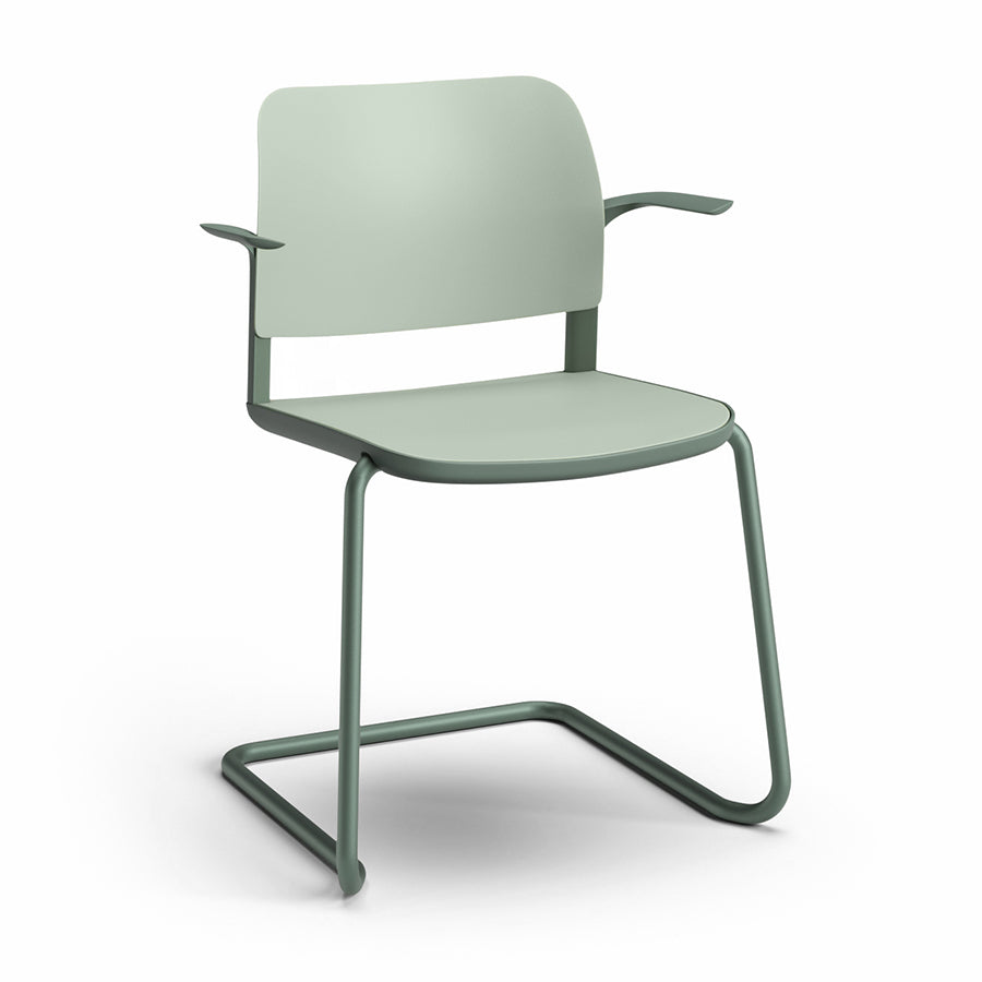 Ciao Stackable Chair Cantilever Frame with Open Arms Sage Green back and Seat with Cactus green frame