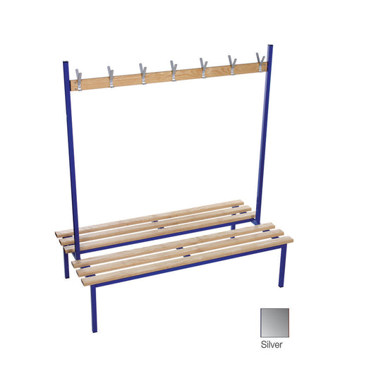 Evolve Duo Bench Floor Double Sided Freestanding Cloakroom bench Silver with Wood Top and 14 Hooks W1500xD800xH1750mm