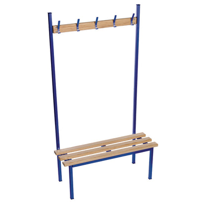 Evolve Solo Bench Floor Single Sided Fixed Cloakroom bench Blue with Wood Top and 5 Hooks W1000xD390xH1750mm