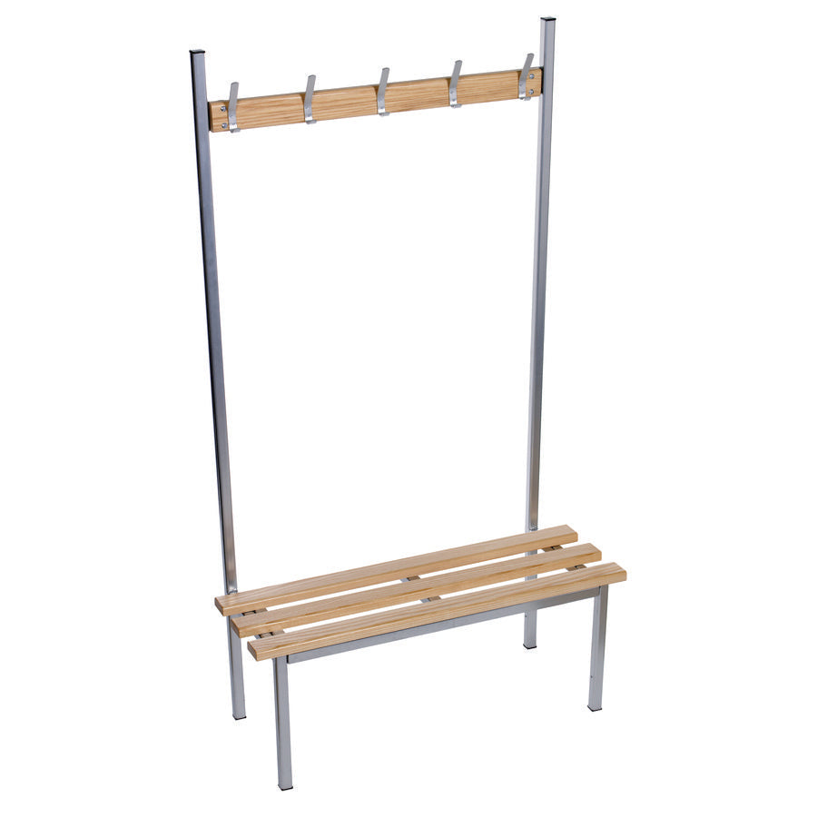 Evolve Solo Bench Floor Single Sided Fixed Cloakroom bench Silver with Wood Top and 5 Hooks W1000xD390xH1750mm