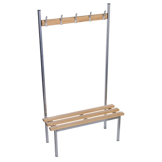 Evolve Solo Bench Floor Single Sided Fixed Cloakroom bench Silver with Wood Top and 5 Hooks W1000xD390xH1750mm