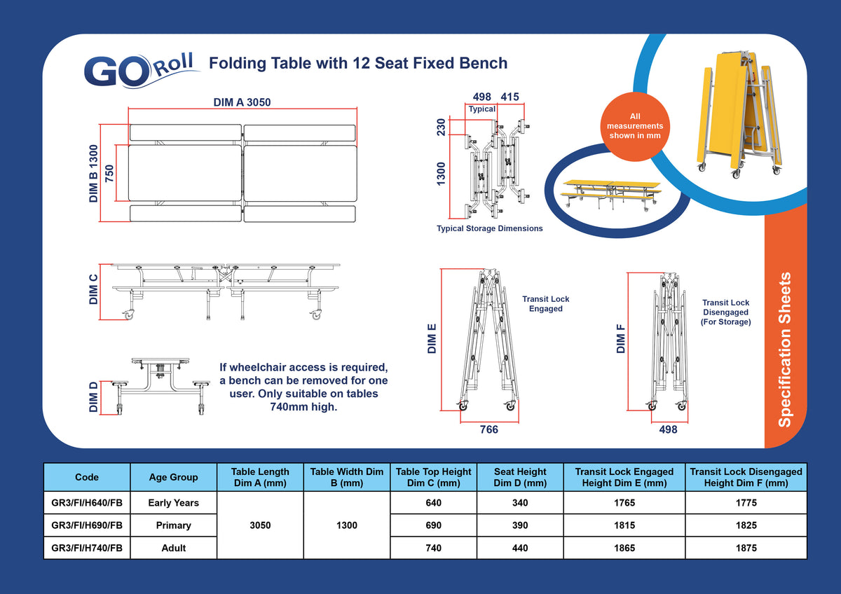 GoRoll Folding Table 10ft with Fixed Benches