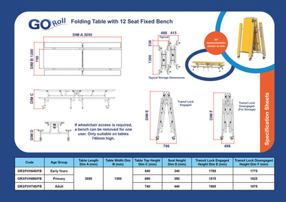 GoRoll Folding Table 10ft with Fixed Benches
