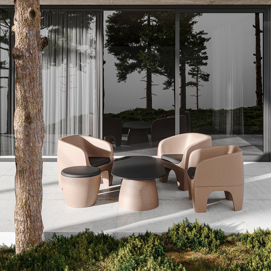 Gummy Bear Moulded Leg Outdoor Chair Beige Melange with Seat Pad and Gummy Bear Double Table Beige Melange and Gummy Bear Pouffe Beige Melange Lifestyle Image