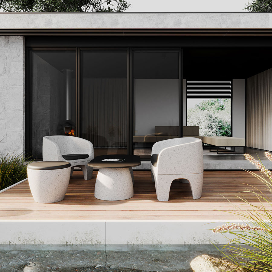 Gummy Bear Moulded Leg Outdoor Chair Grey Melange with Seat Pad and Gummy Bear Double Table Grey Melange and Gummy Bear Pouffe Grey Melange Lifestyle Image