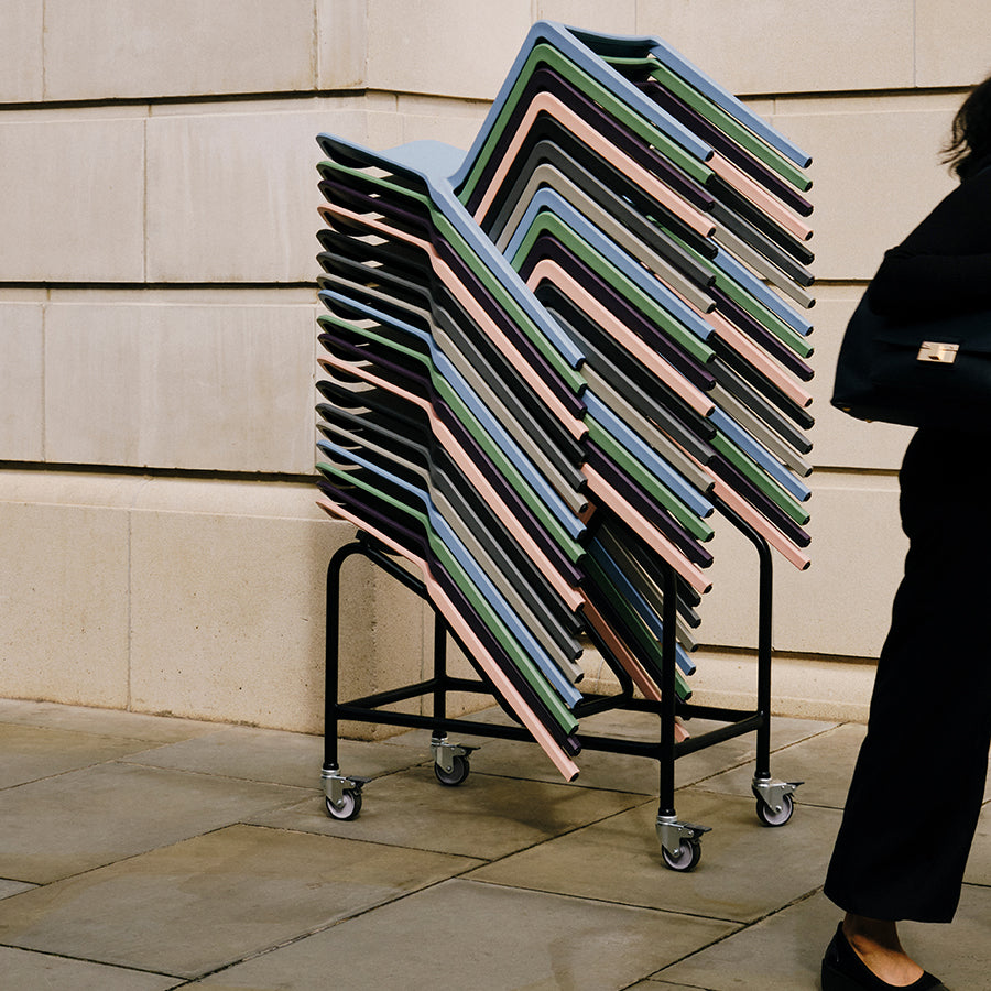 Hatton One Piece Stacking Chair 18 Stacked on Trolley  Lifestyle Image