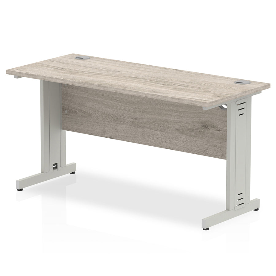 Impulse 1400mm Slimline Desk Cable Managed Leg Grey Oak Table Top Silver Frame