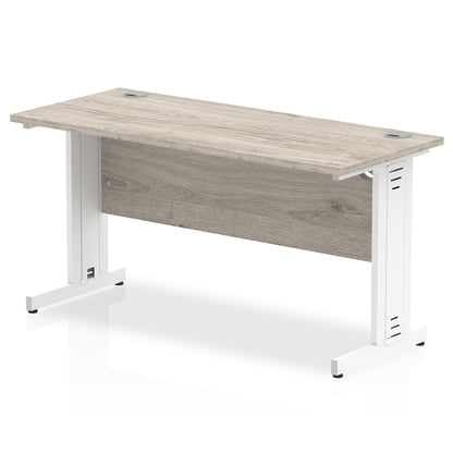 Impulse 1400mm Slimline Desk Cable Managed Leg Grey Oak Table Top White Frame