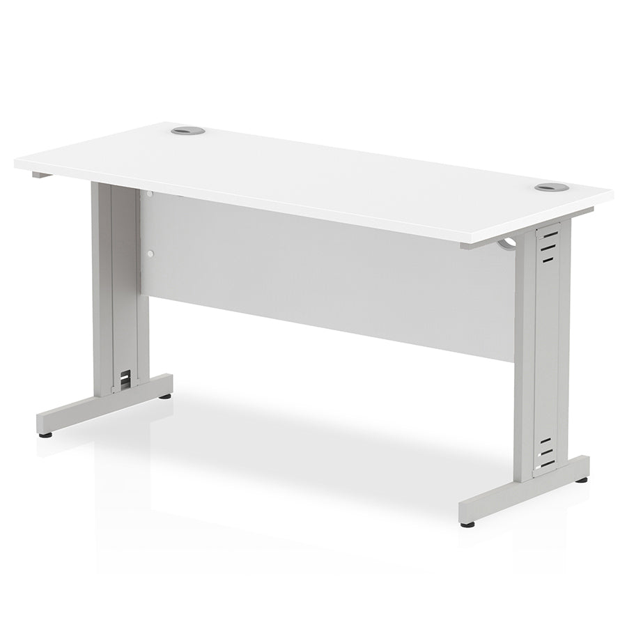Impulse 1400mm Slimline Desk Cable Managed Leg White Table Top Silver Frame
