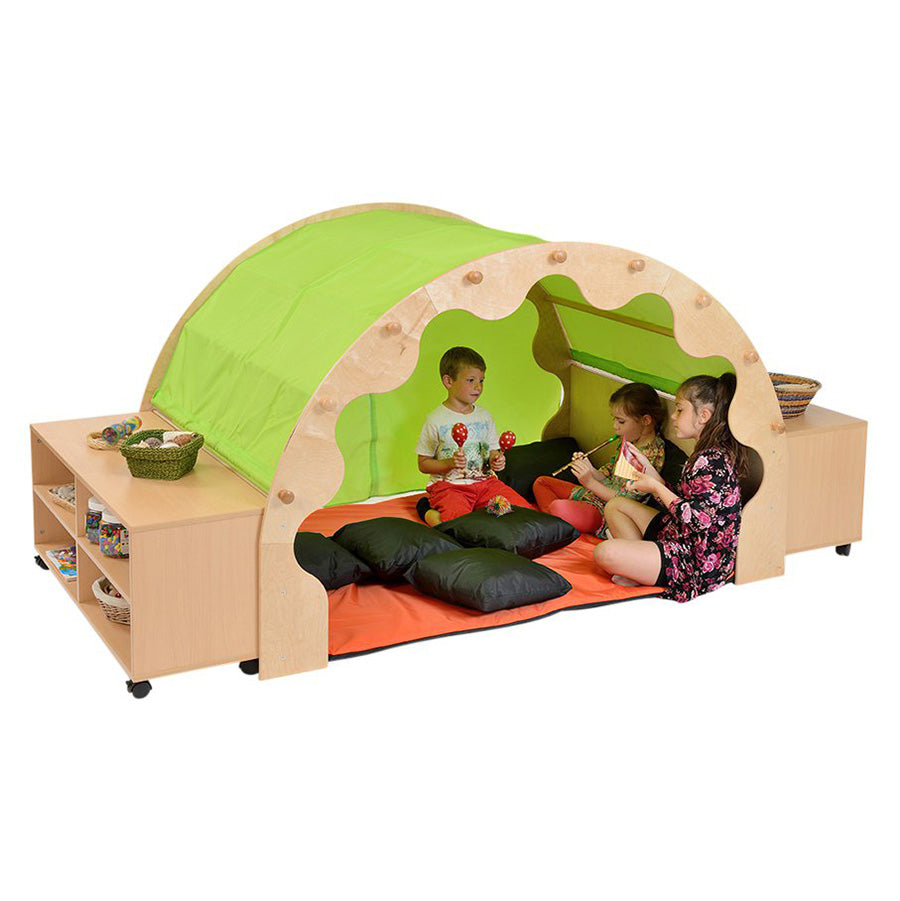 Kebrico Play Pod & Canopy & 1 Sets of Curtains, 6 Scatter Cushions, Large Mat & 2 Bookcases Lime Green 139104.2 97918