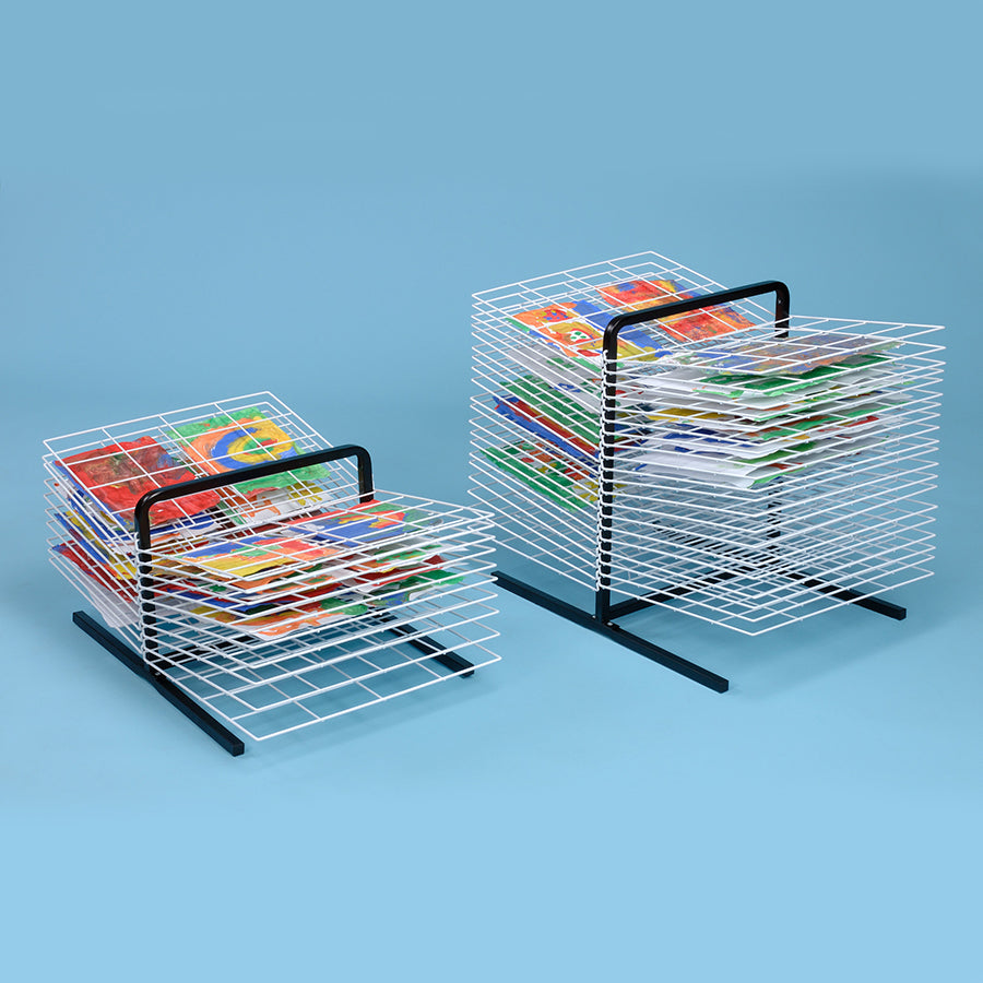 MD30130 and MD30131 Table Top Art Drying Rack 40 Shelf with artwork and blue backdrop