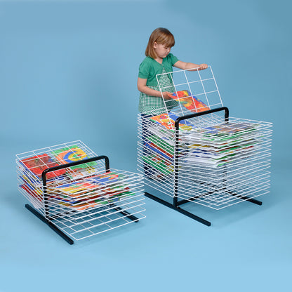 MD30130 and MD30131 Table Top Art Drying Rack 40 Shelf with girl demonstrating artwork and blue backdrop