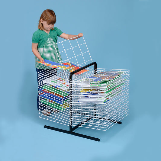 MD30131 Table Top Art Drying Rack 40 Shelf with girl demonstrating, art and blue backdrop