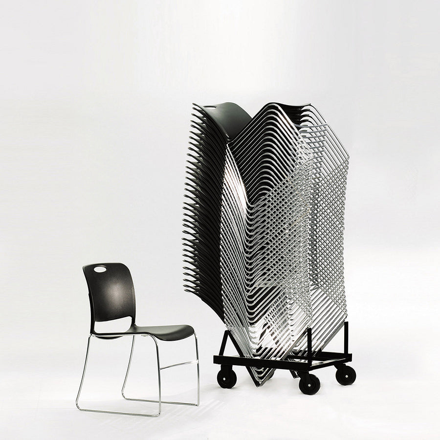 Maestro High Density Chair Black Seat with Chrome Frame Stacked on Transport Dolly KI