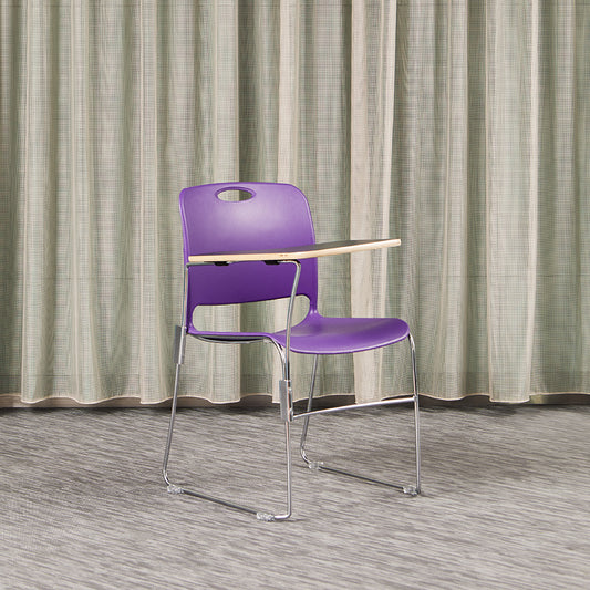Maestro High Density Chair Mardi Gras Purple Poly Seat and Chrome Metal Frame with Writing Table Lifestyle KI 1