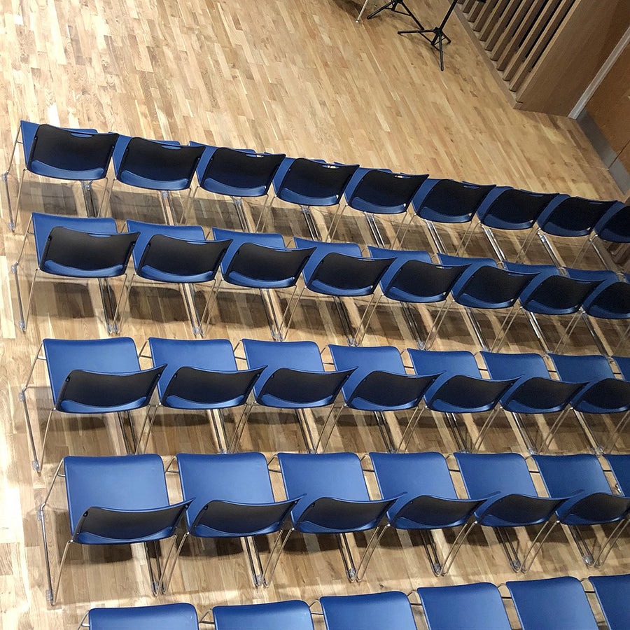 Maestro High Density Chair Nordic Blue Seat and Chrome Metal Frame Lifestyle Image 2