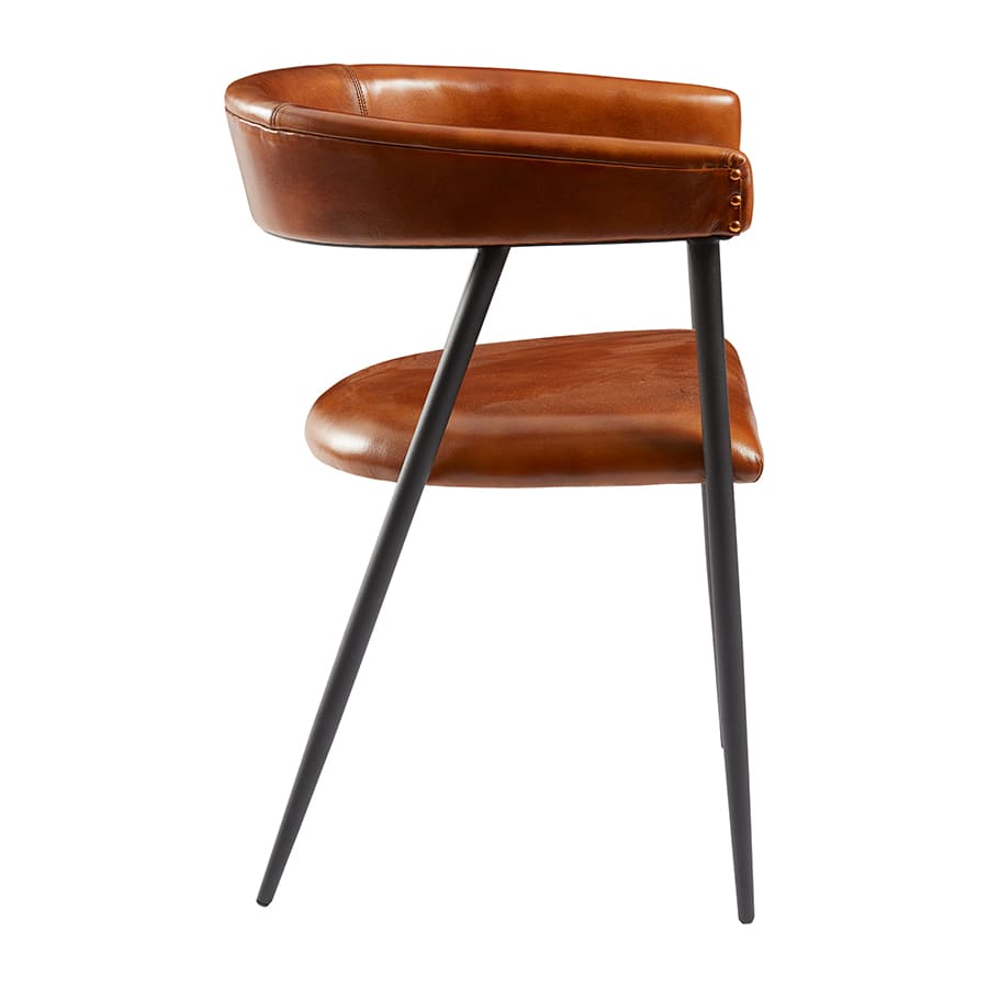 Mario Armchair with seat pad and back rest in genuine Bruciato leather tan tone with a sleek black metal frame 3