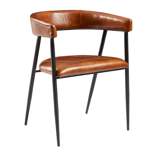 Mario Armchair with seat pad and back rest in genuine Bruciato leather tan tone with a sleek black metal frame 1