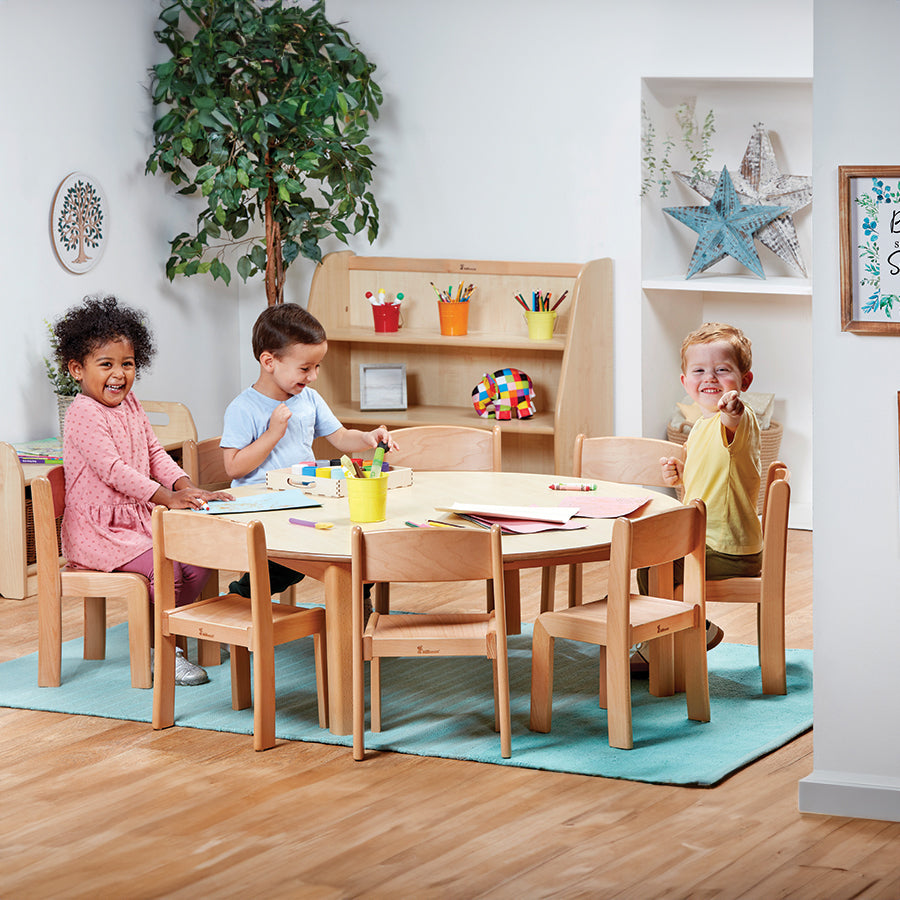 Millhouse Large Circular Table (Dia.1200mm) with Beech Stacking Chairs Early Years Furniture Lifestyle Image