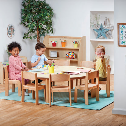 Millhouse Large Circular Table (Dia.1200mm) with Beech Stacking Chairs Early Years Furniture Lifestyle Image