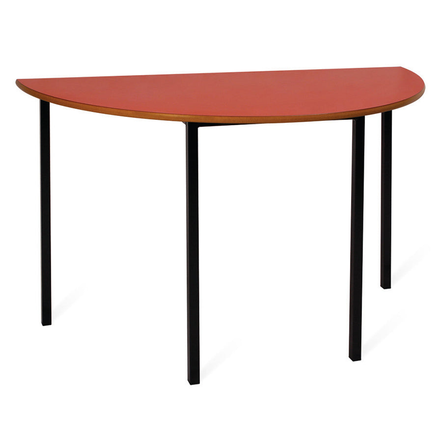 Morleys Fully Welded Classroom Table 1100x550 Semi-Circular MDF Edge Red Top