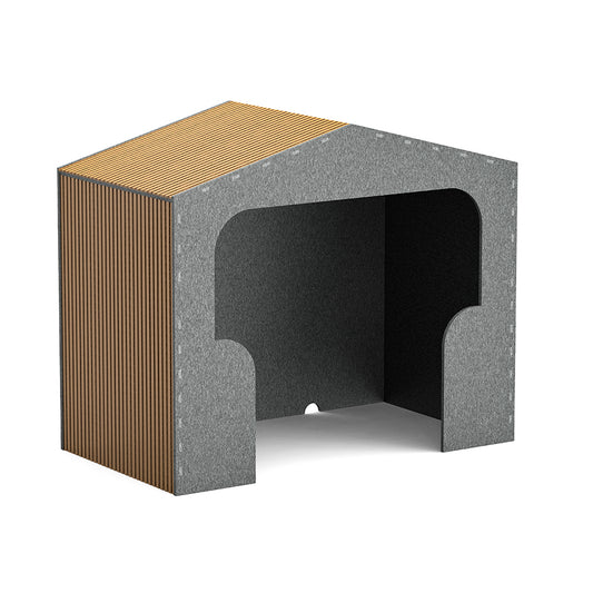 A PET hideaway hut with wood effect sides and roof, with a grey front, back and interior. Designed for private study or meeting area