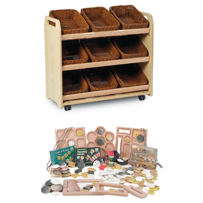 Tilt Tote Storage with 9 Clear Tubs or Baskets plus PT1146 Loose Parts Kit