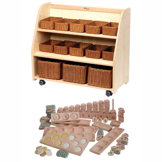 Mobile Tiered Shelf Unit with Mirror Back With Baskets plus Loose Parts Kit