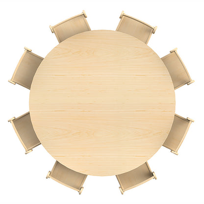Large Circular Table + 8 Beech Stacking Chairs