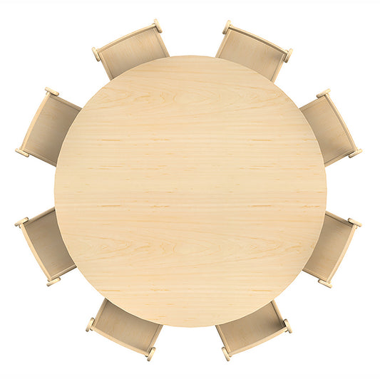 Large Circular Table + 8 Beech Stacking Chairs
