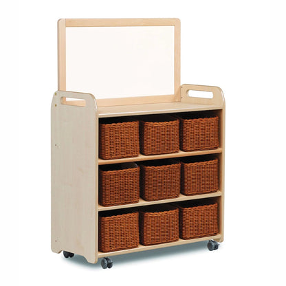 Mobile Shelf Unit With Top Magnetic Whiteboard Add-on and 9 Clear Tubs or Baskets
