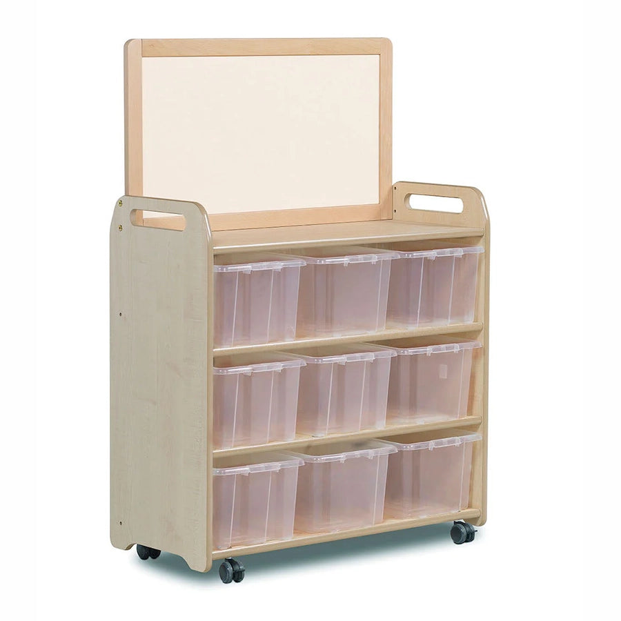 Mobile Shelf Unit With Top Magnetic Whiteboard Add-on and 9 Clear Tubs or Baskets