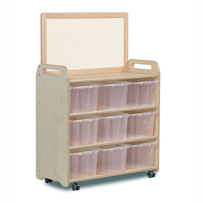 Mobile Shelf Unit With Top Magnetic Whiteboard Add-on and 9 Clear Tubs or Baskets