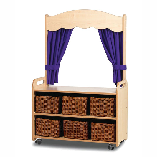 Mobile Tall Unit with Theatre Add-On with Curtains and Clear Tubs or Baskets