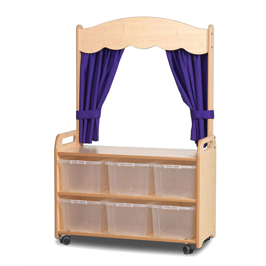 Mobile Tall Unit with Theatre Add-On with Curtains and Clear Tubs or Baskets
