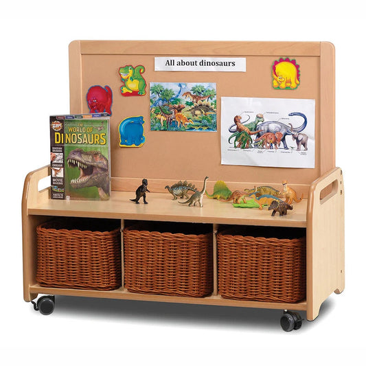 Mobile Low Display Storage Unit With 3 Clear Tubs or Baskets