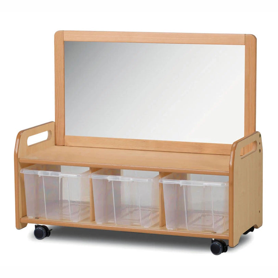 Mobile Low Mirror Storage Unit With 3 Clear Tubs or Baskets