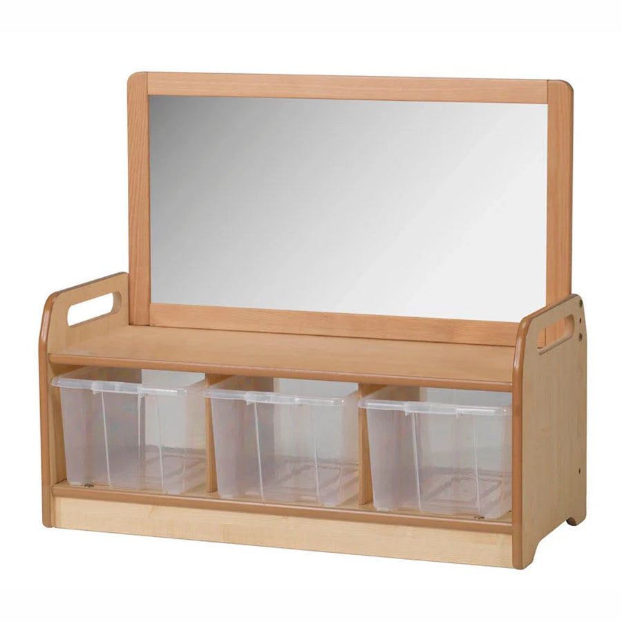 Low Mirror Storage Unit With 3 Clear Tubs or Baskets