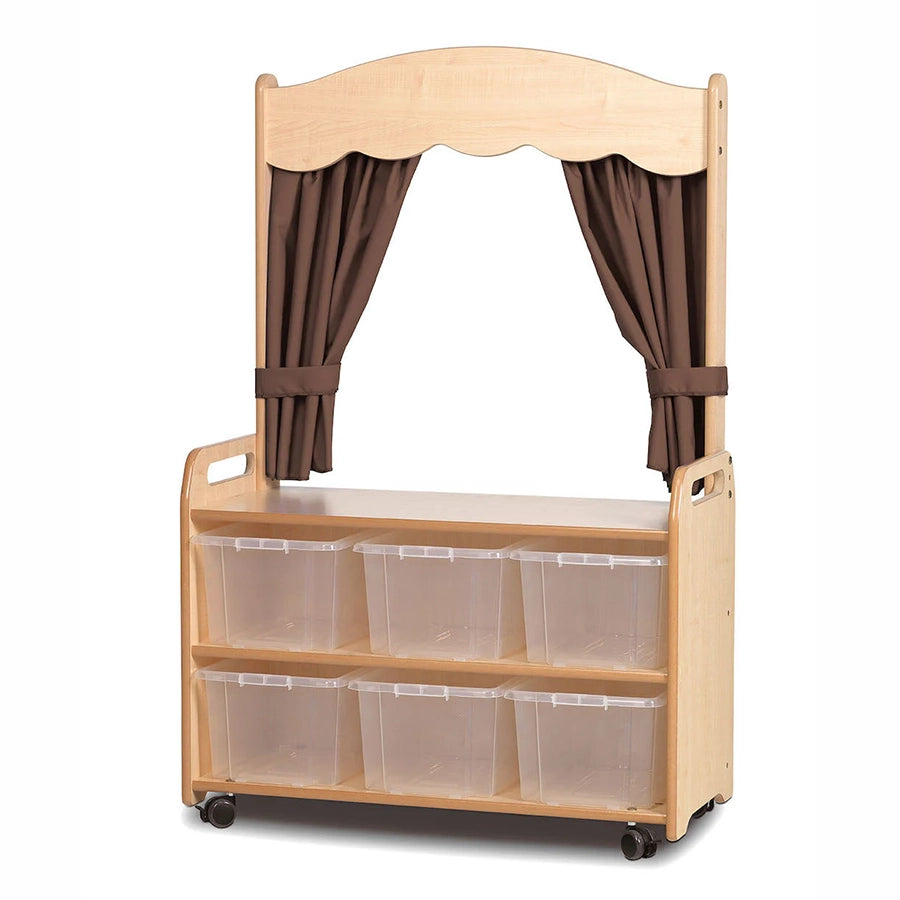 Mobile Tall Unit with Theatre Add-On with Curtains and Clear Tubs or Baskets