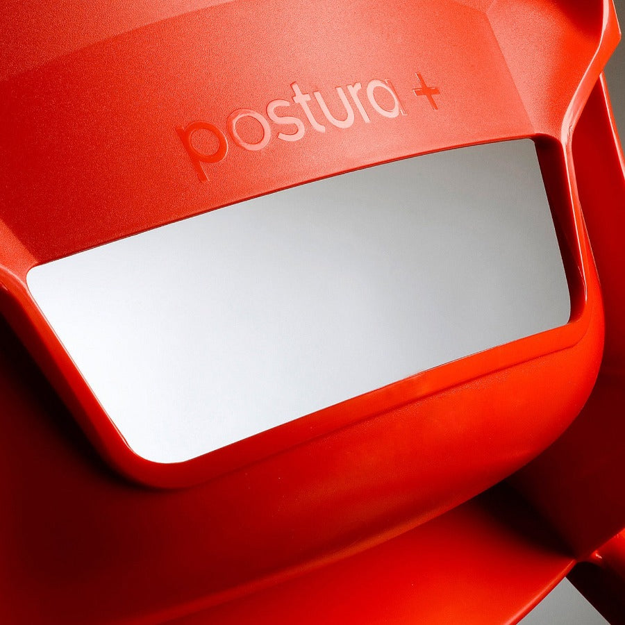 Postura+ One Piece Poly Chair Poppy Red Back and Logo Close Up