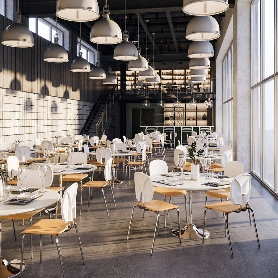 SE Curve Chair Wooden Seat, White Poly Back and Chrome Steel Frame Café Lifestyle Image