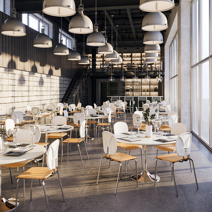 SE Curve Chair Wooden Seat, White Poly Back and Chrome Steel Frame Café Lifestyle Image