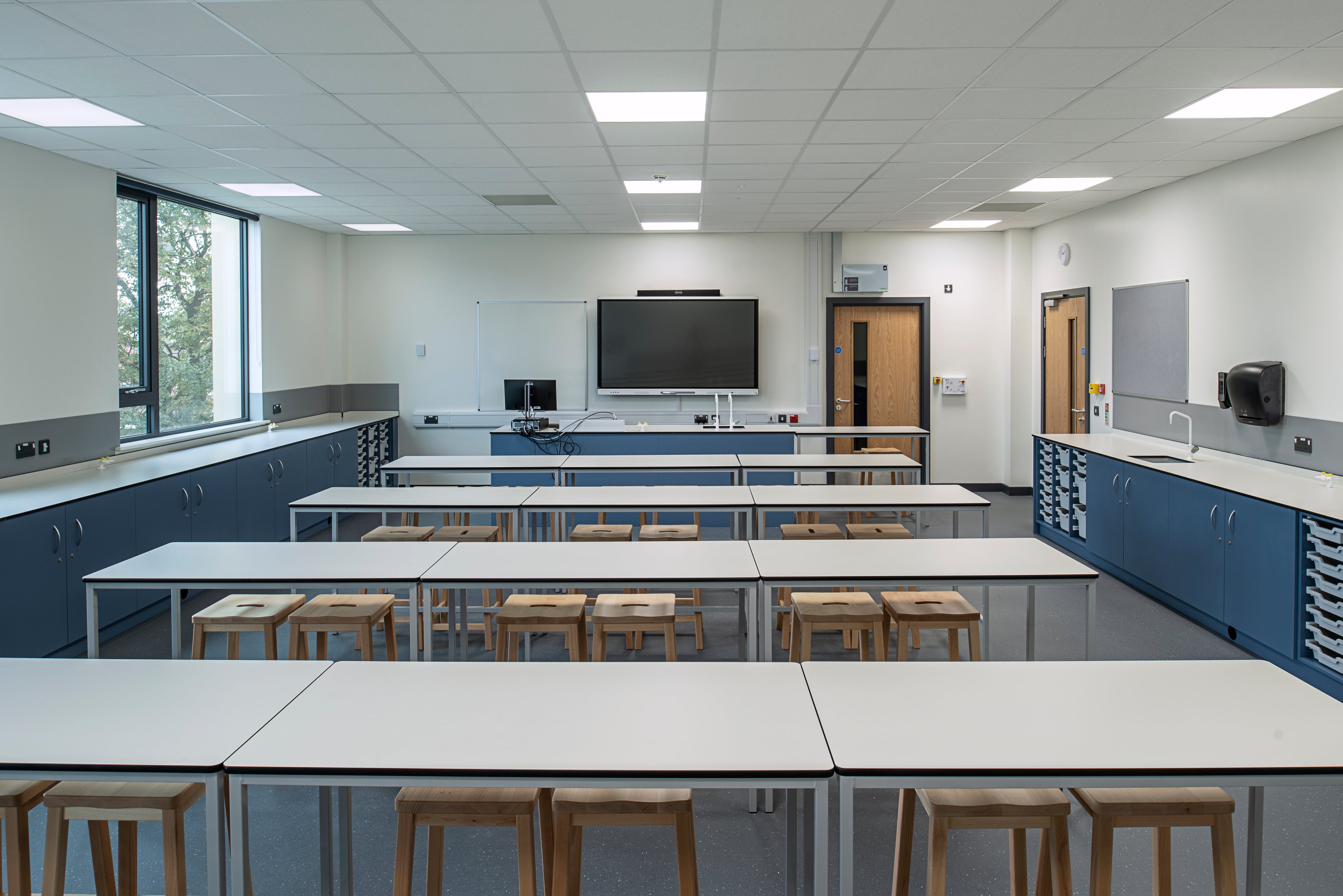 Science Classroom with H-Frame Science Tables, Heritage Beech stools and gratnells trays