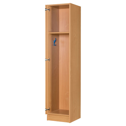 Secondary Height One Door Premium Wooden Locker - H1800mm Flat Top open door on fold back hinges with one shelf and blue coat hook