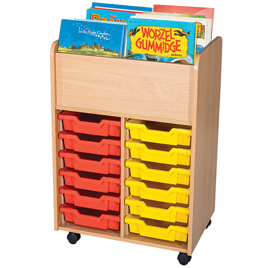 Smart Storage 12 Gratnells Tray Mobile Double Kinderbox Book Trolley with books