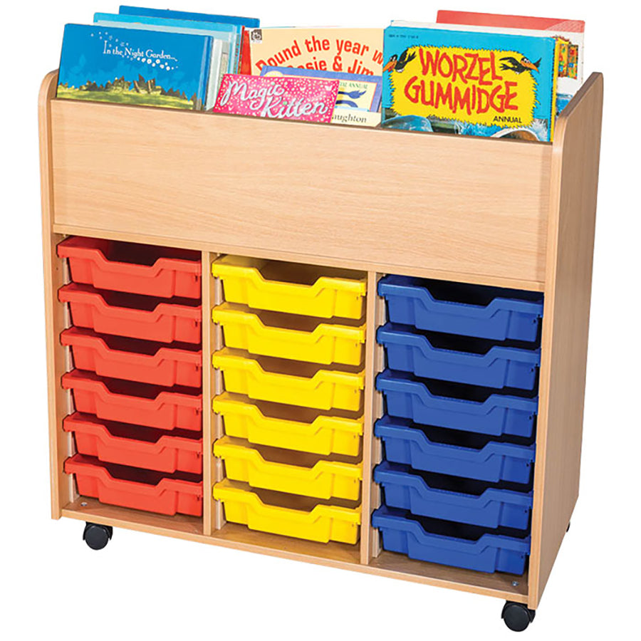 Smart Storage 18 Gratnells Tray Mobile Triple Kinderbox Book Trolley with bookes