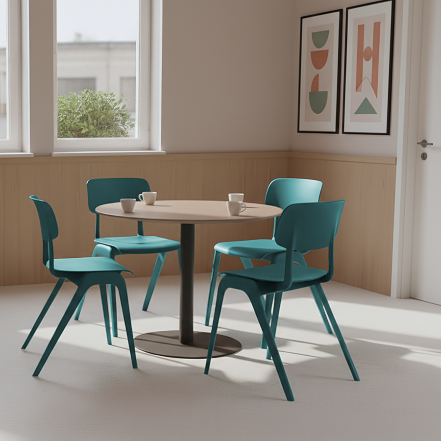 Sutton Chairs One Piece Polypropylene Lagoon Colour Café Setting Lifestyle Image