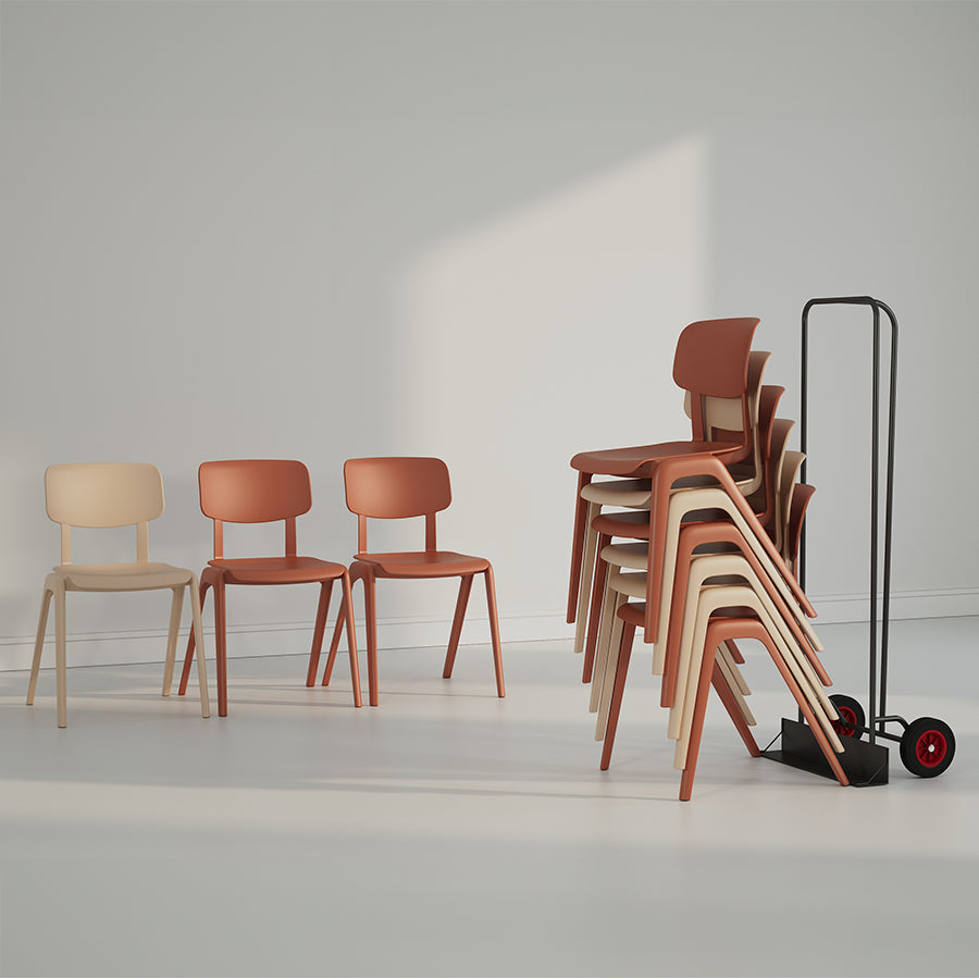 Sutton Chairs One Piece Polypropylene Terracotta and Latte colours Stacked on Chair Trolley